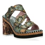 Laura Vita Δερμάτινα  Γυναικεία Πέδιλα με Τακούνι – Floral Πέδιλα σε Πράσινους Τόνους με Μεταλλικές Αγκράφες NAOMIO 11 - Gris