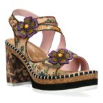 Laura Vita Δερμάτινα Γυναικεία Πέδιλα με Τακούνι – Πολύχρωμα Floral Sandals με λουράκι velctro στον αστράγαλο NAOMIO 16 - Beige