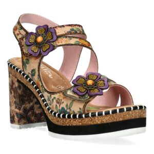 Laura Vita Δερμάτινα Γυναικεία Πέδιλα με Τακούνι – Πολύχρωμα Floral Sandals με λουράκι velctro στον αστράγαλο NAOMIO 16 - Beige Γυναικεία Πέδιλα Laura VIta