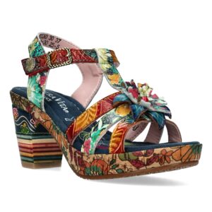 Laura Vita Δερμάτινα Γυναικεία Πέδιλα με Τακούνι – Πολύχρωμα Floral Sandals με λουράκι velctro στον αστράγαλο NELLAO 30 - Jeans Γυναικεία Πέδιλα Laura Vita