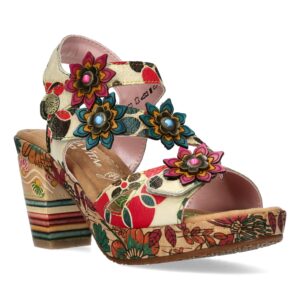 Laura Vita Δερμάτινα Γυναικεία Πέδιλα με Τακούνι – Πολύχρωμα Floral Sandals με λουράκι velctro στον αστράγαλο NELLAO 33 - Beige Γυναικεία Πέδιλα Laura Vita