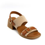 Γυναικεία Δερμάτινα Πέδιλα από Καστόρι – Μπεζ Sandals με Τακούνι 5cm από Κρεπ & Μεταλλικές Λεπτομέρειες 50025561