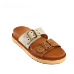 Γυναικεία Δερμάτινα Σανδάλια από Καστόρι – Δίχρωμα Slides με Τακούνι 3,5cm & Ρυθμιζόμενες Αγκράφες 590911