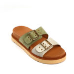 Γυναικεία Δερμάτινα Σανδάλια από Καστόρι – Δίχρωμα Slides με Τακούνι 3,5cm & Ρυθμιζόμενες Αγκράφες 590912