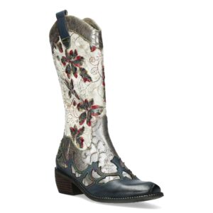 Γυναικείες Δερμάτινες Western Μπότες Laura Vita – Κεντητό Floral Design με Μεταλλικές Λεπτομέρειες Ercwinao 19 Blanc Laura Vita