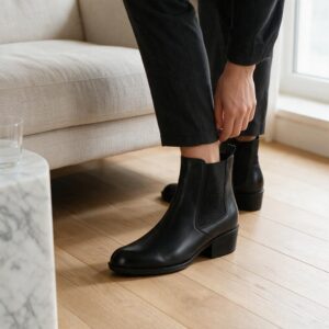 Γυναικεία Δερμάτινα Μποτάκια με Τακούνι 4 εκ., Λάστιχο & Εσωτερικό Φερμουάρ 524881